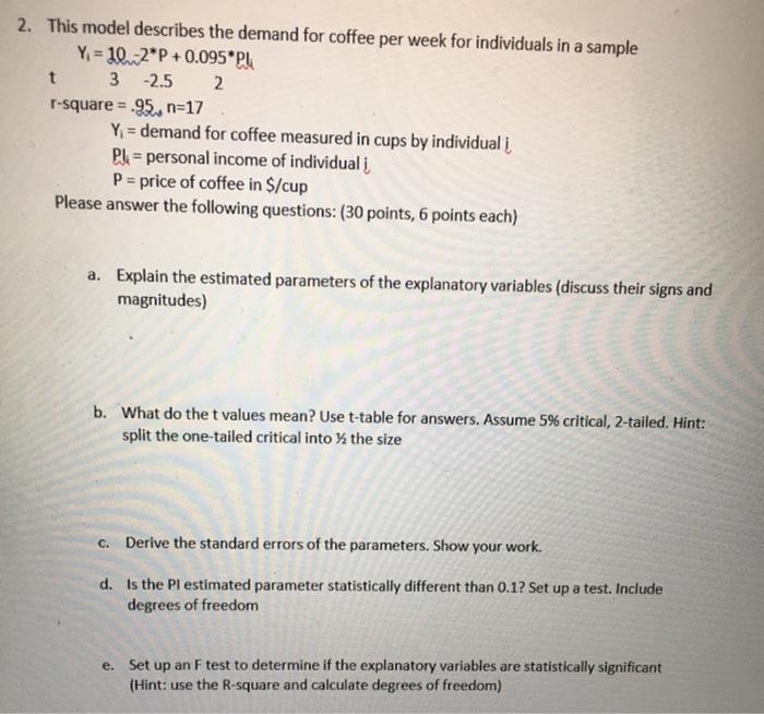  2. This model describes the demand for coffee per week for