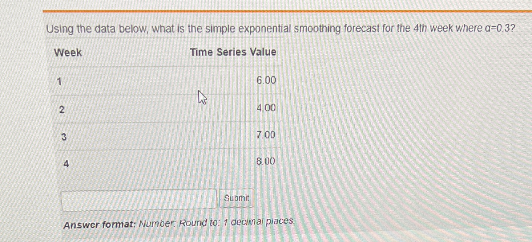 Using the data below, what is the simple exponential smoothing forecast