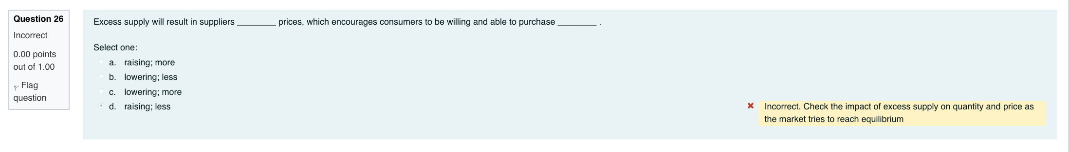 b. costs. P Flag C. quantity produced. question d. demand Incorrect. The