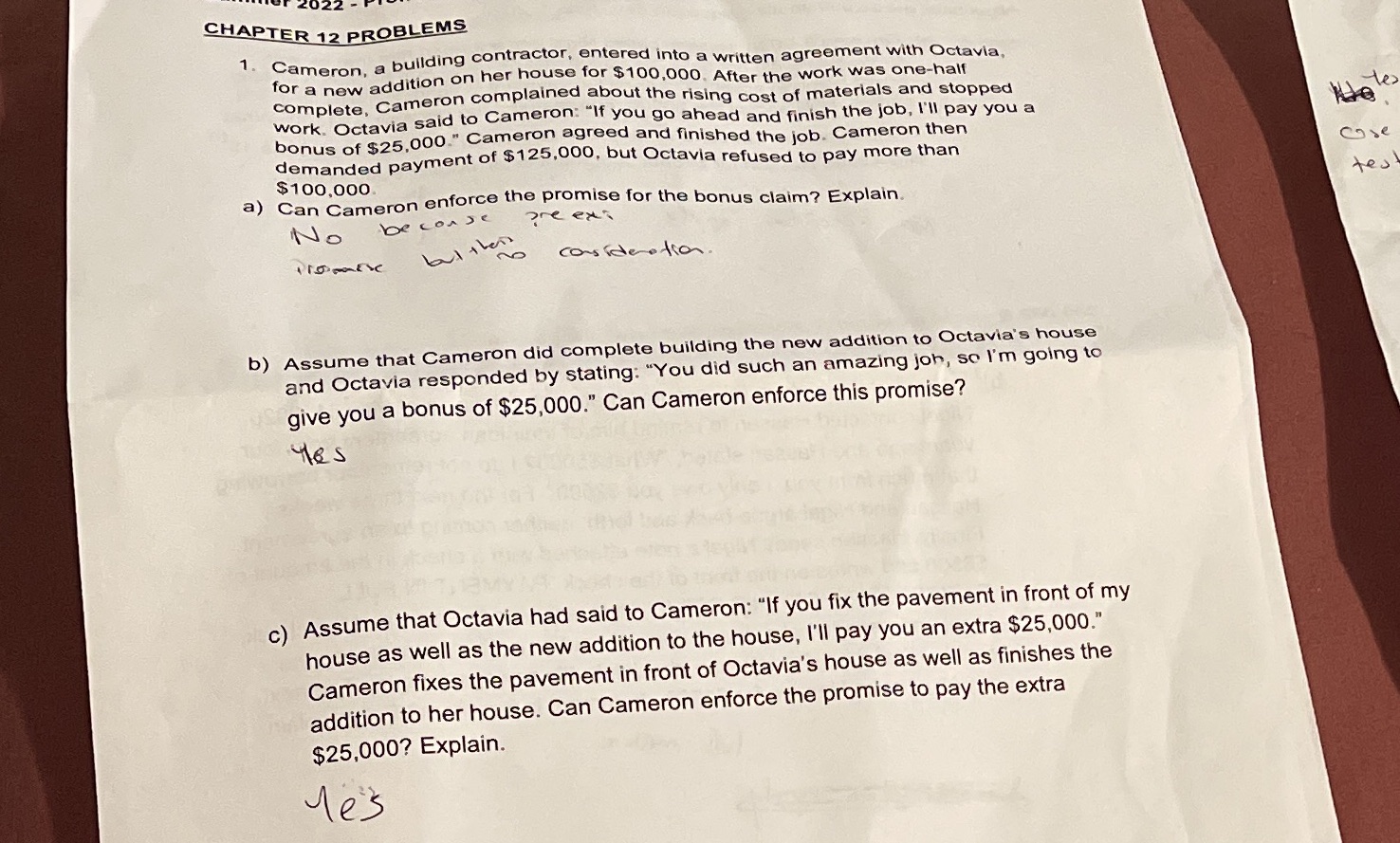  22 CHAPTER 12 PROBLEMS 1. Cameron, a build uilding contractor, entered