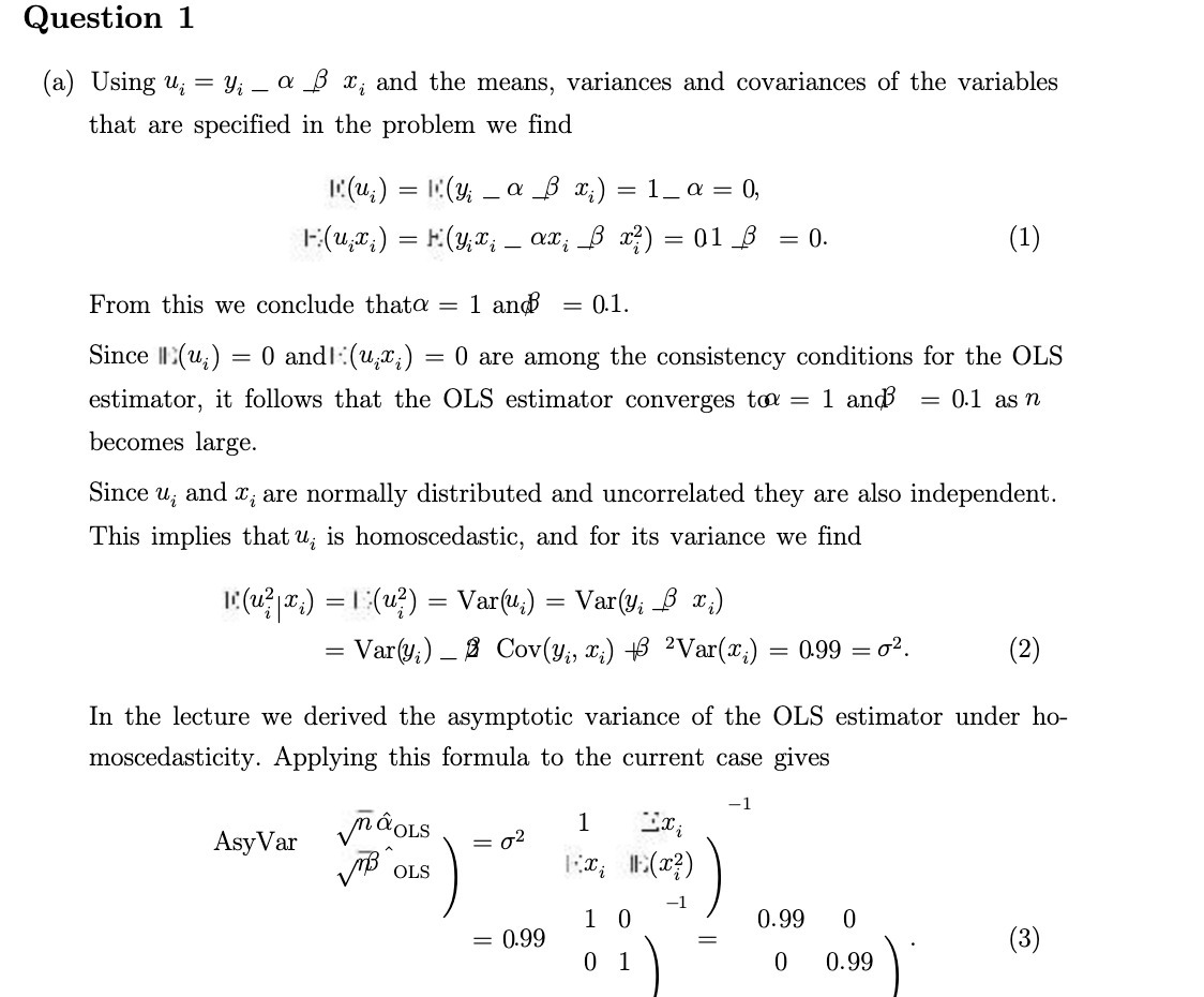  Question 1 (a) Using u; = y; _ a B x;