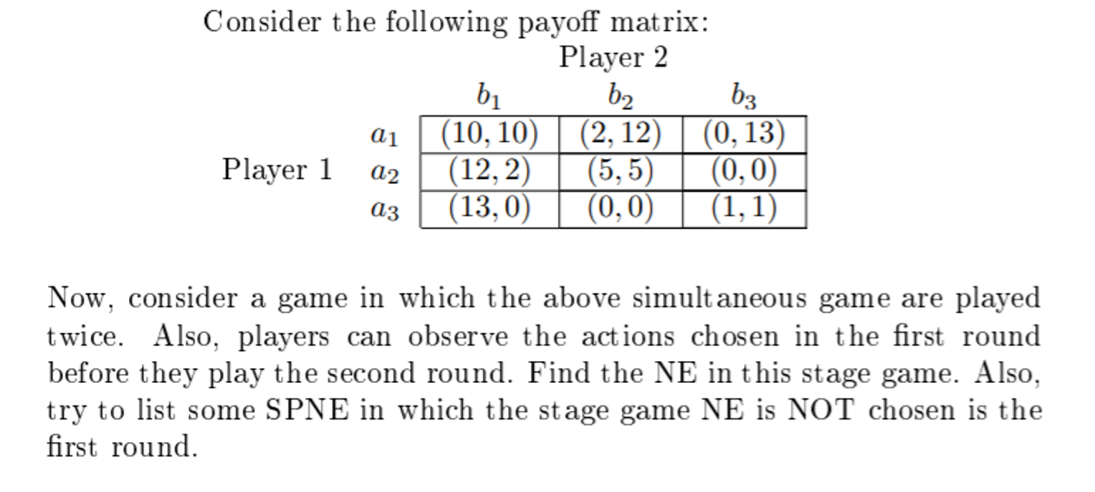  Consider the following payoff matrix: Player 2 b1 b2 b3 a1