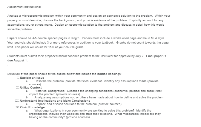  Assignment Instructions: Analyze a microeconomic problem within your community and design