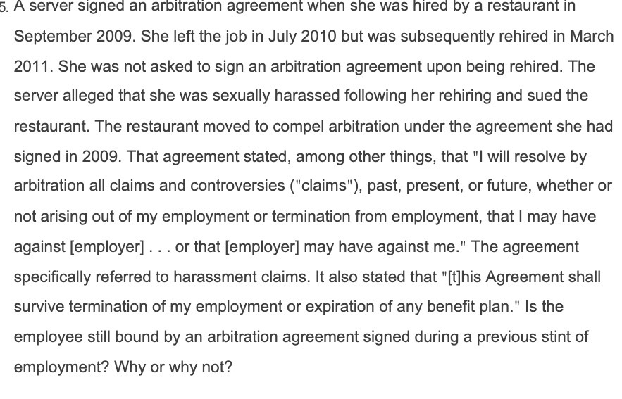 5_ A server signed an arbitration agreement when she was hired