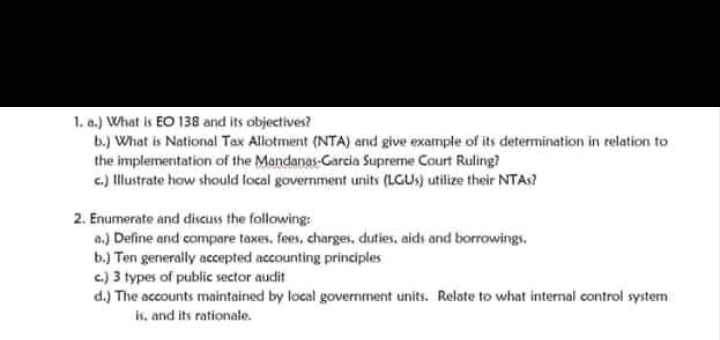  1. a.) What is EO 138 and its objectives? b.) What