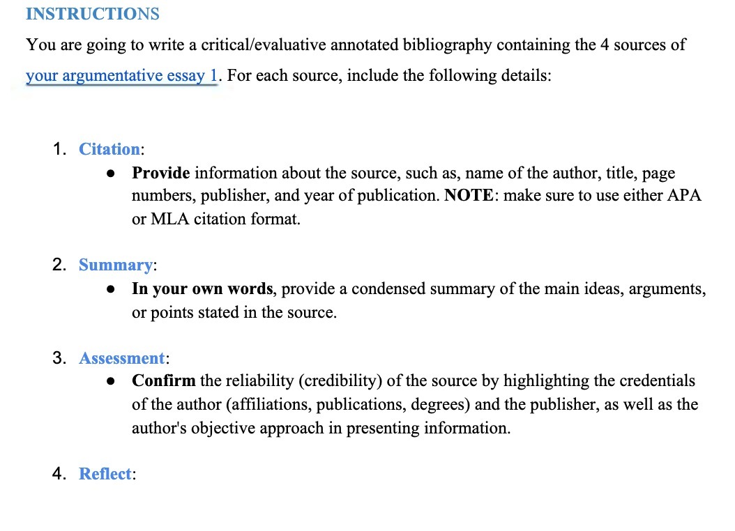 INSTRUCTIONS You are going to write a critical/evaluative annotated bibliography containing