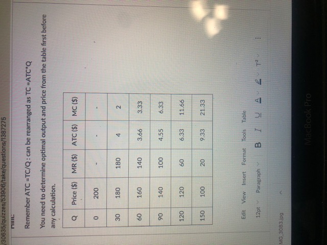 information in the table below for a monopoly, please calculate the firm's