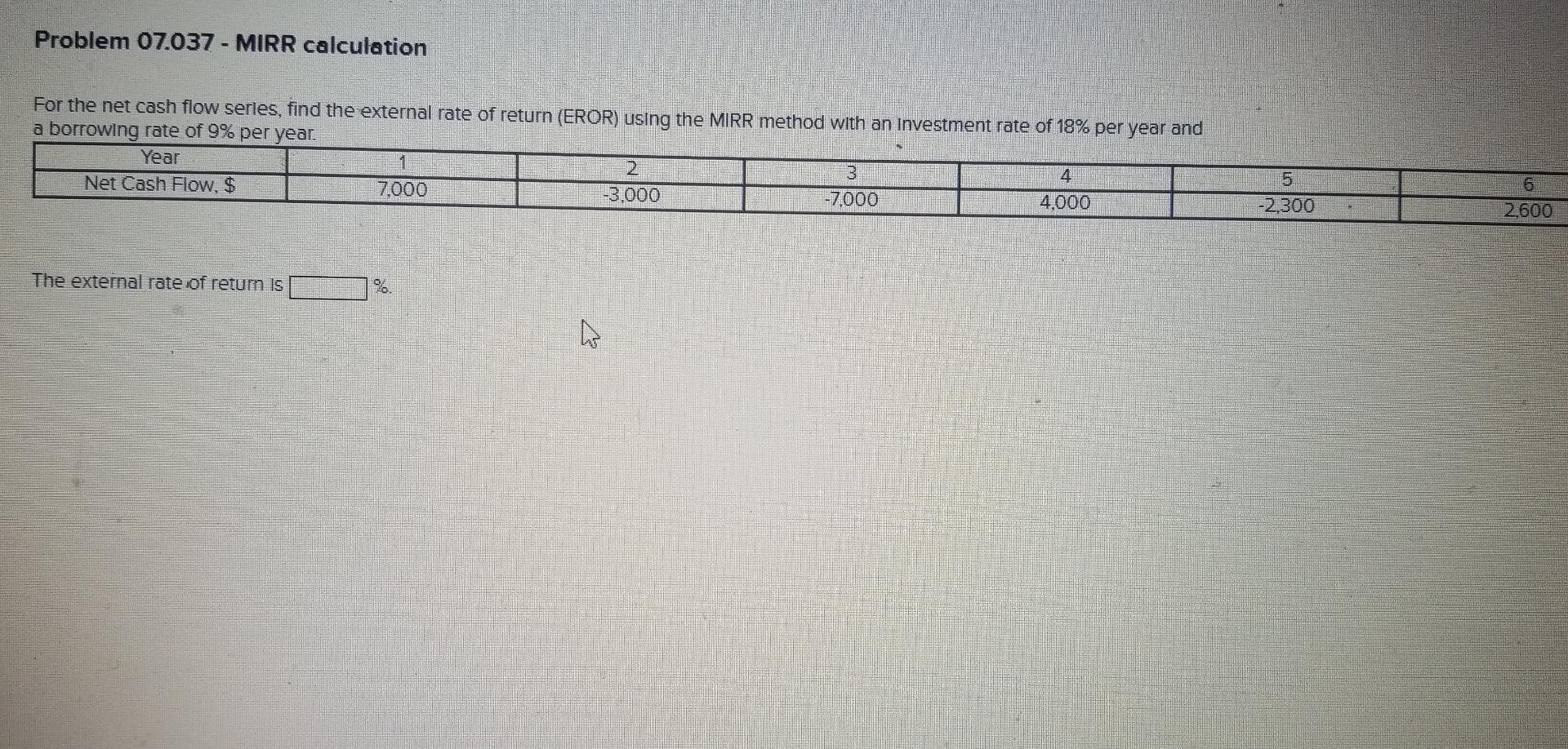 Problem 07.037 - MIRR calculation For the net cash flow series,