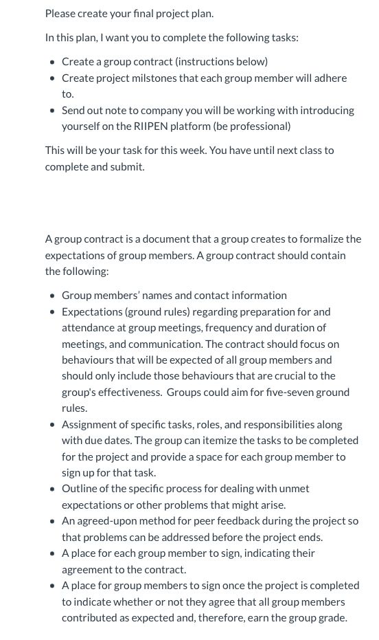 Please create your nal project plan. In this plan, I want