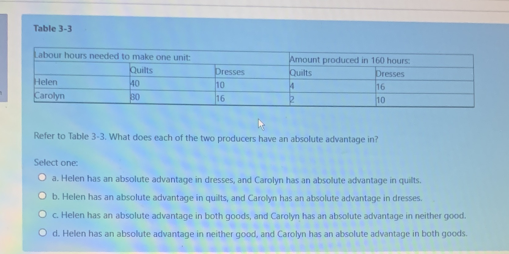  Table 3-3 Labour hours needed to make one unit: Amount produced