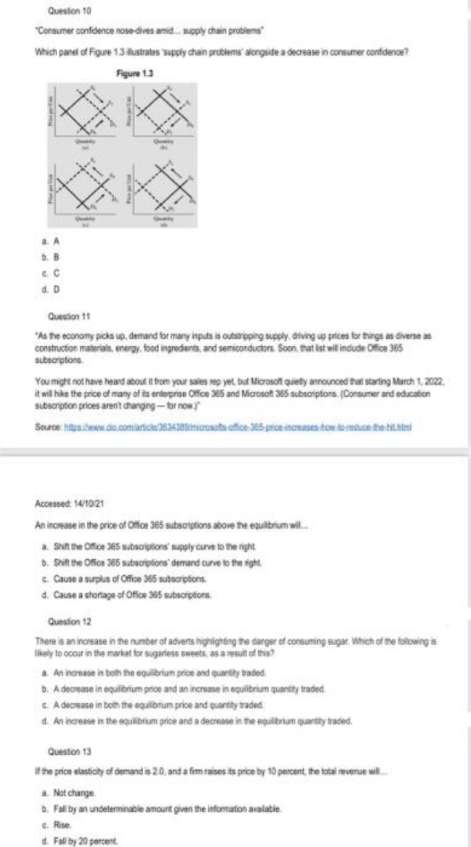 please answer Question 10 "Consumer confidence nose-dives amid.. supply chain problems" Which