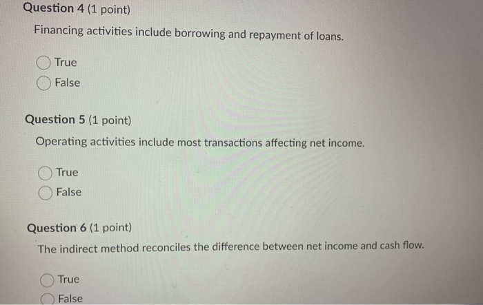  Question 4 (1 point) Financing activities include borrowing and repayment of