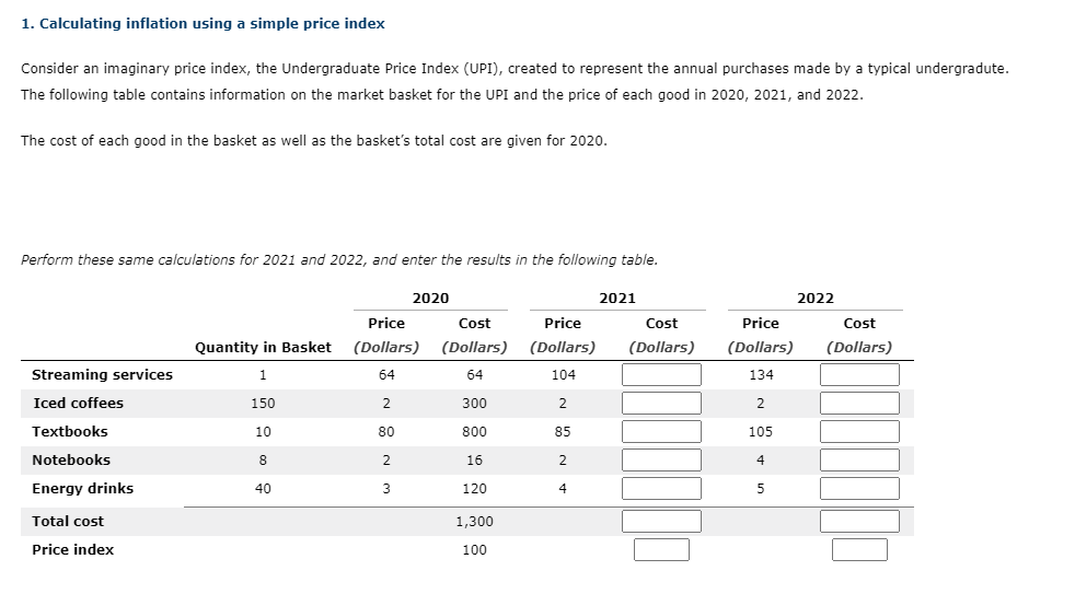 1. Calculating inflation using a simple price index Consider an imaginary