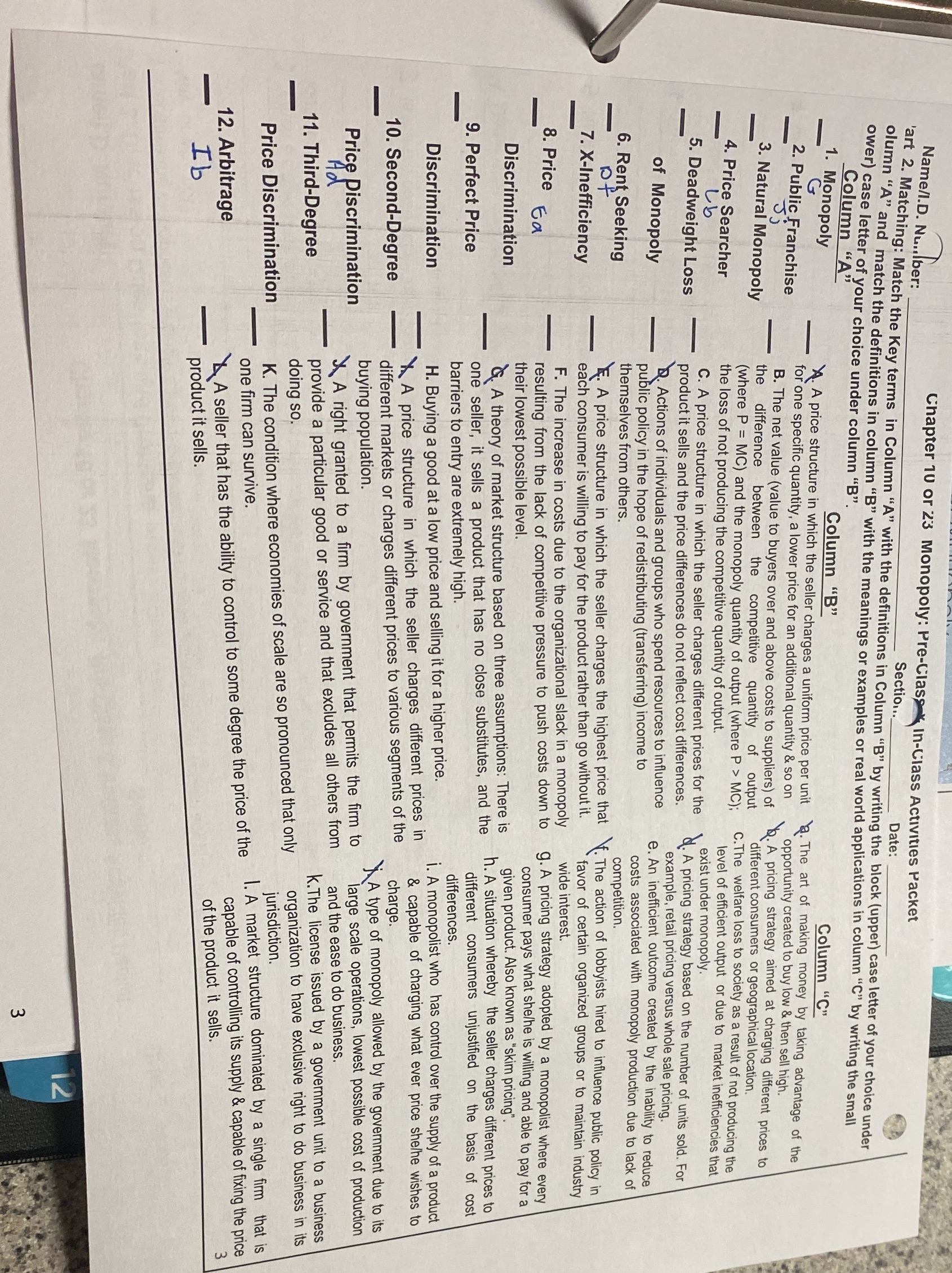  Name/I.D. Number: Chapter 10 or 23 Monopoly: Pre-Class " In-Class Activities