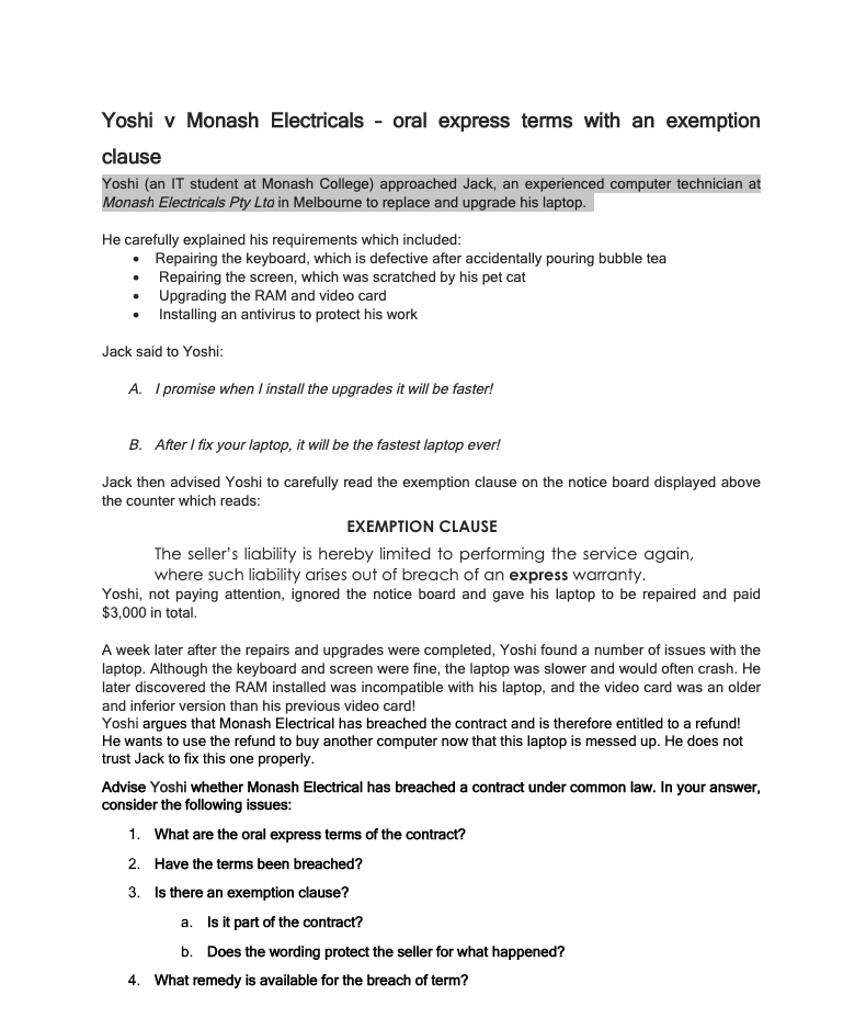 Yoshi v Monash Electricals - oral express terms with an exemption