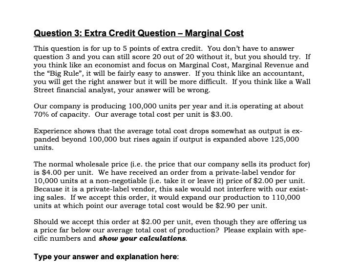 Please answer thanka uason 3: Extra Credit astion Mar inal Cost This