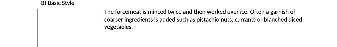  B) Basic Style The forcemeat is minced twice and then worked