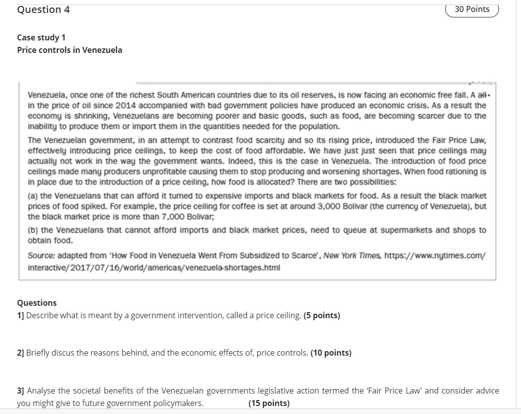  Question 4 30 Points Case study 1 Price controls in Venezuela