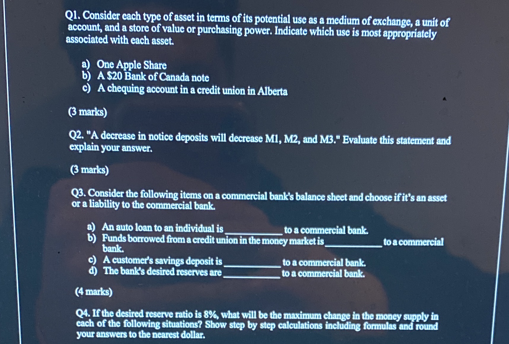 Just need question 4, written response Ql. Consider each type of asset
