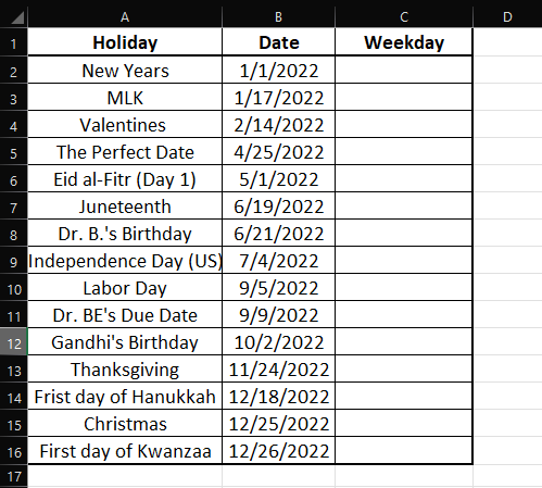 Problem 5.5 Using VLOOKUPIn worksheet "Part 5" there are 10 major holidays