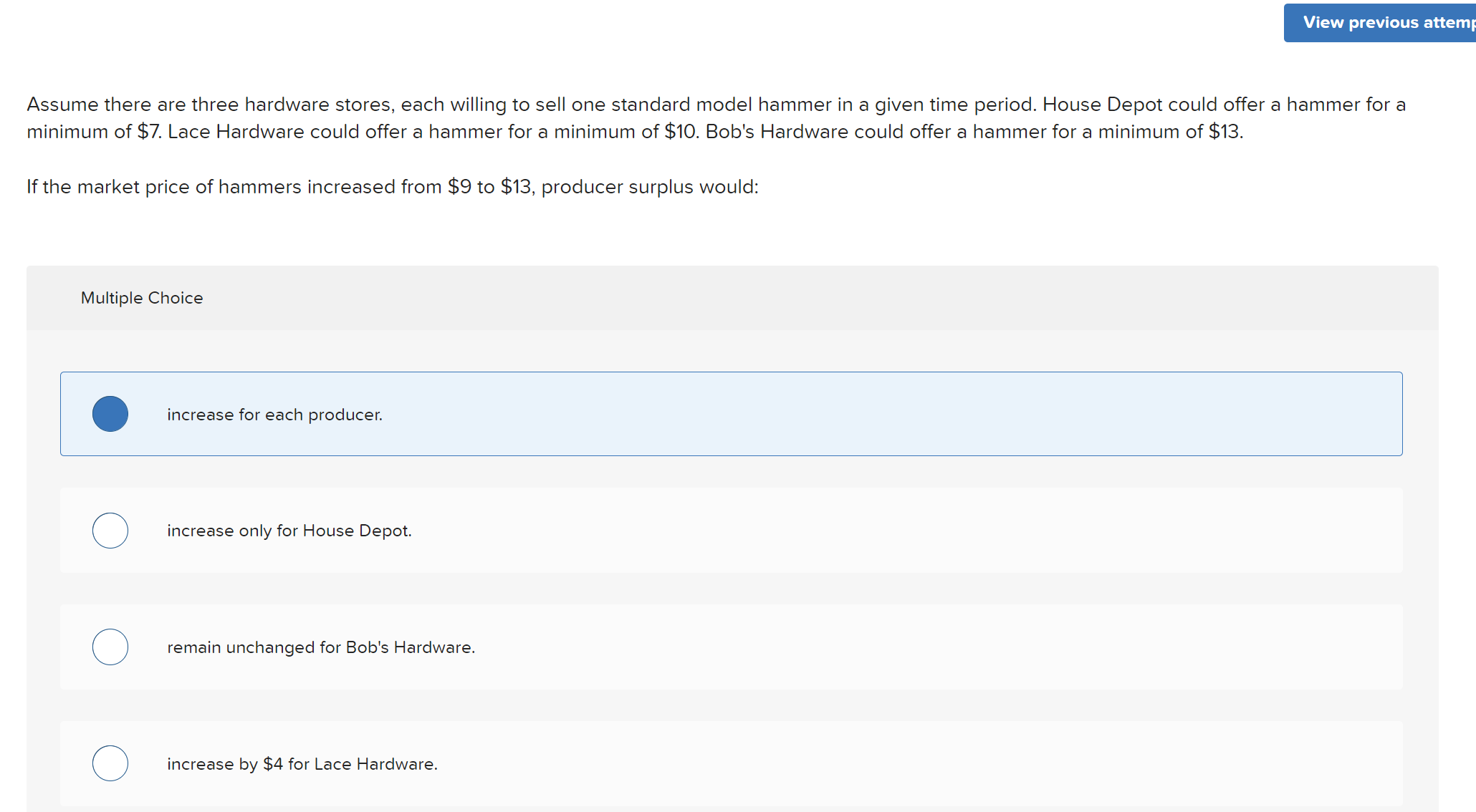  View previous attem- Assume there are three hardware stores, each willing