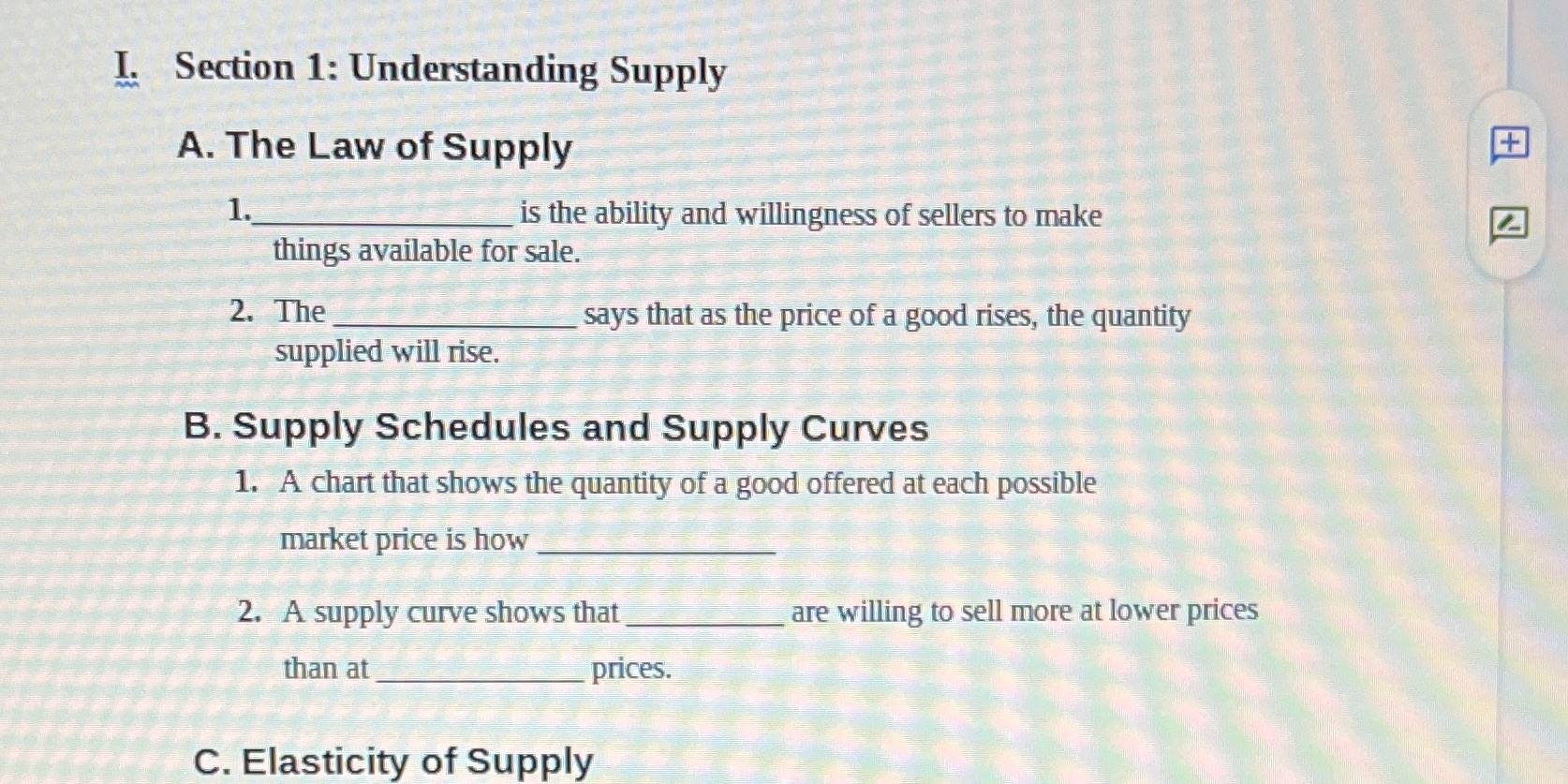 Can you answer this worksheet for me?? I. Section 1: Understanding Supply