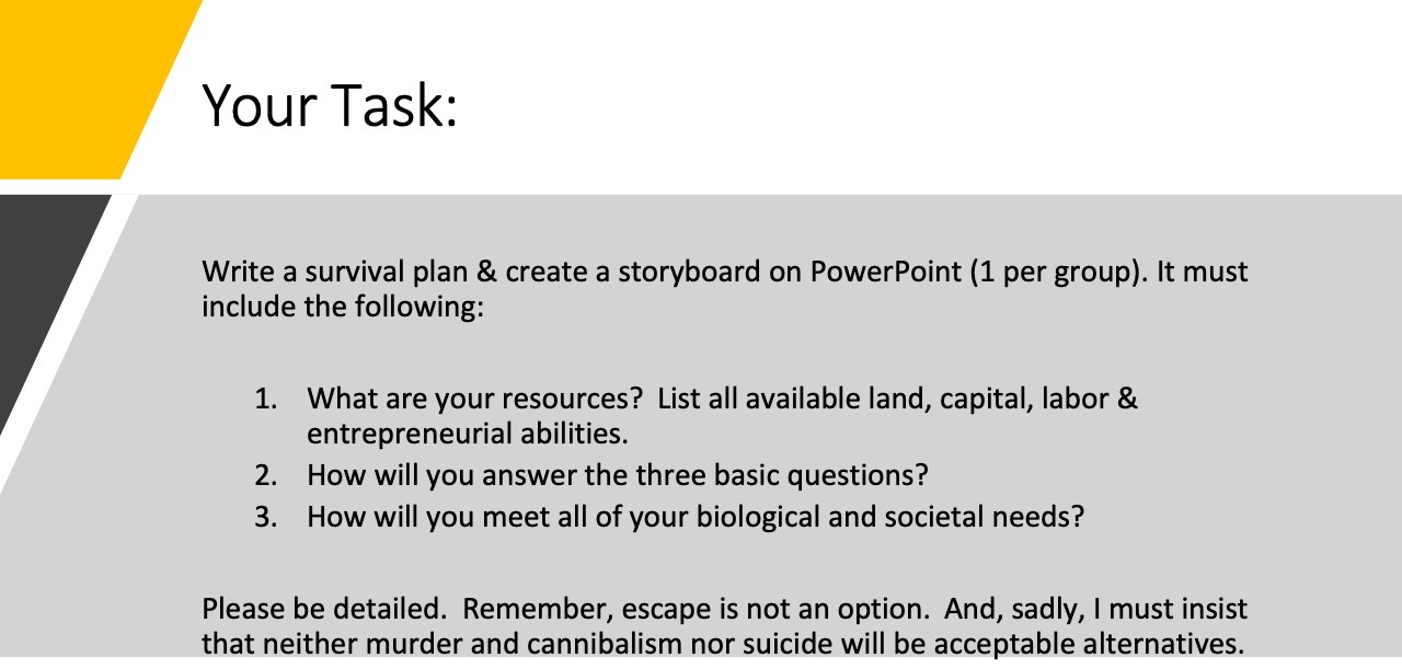  Your Task: Write a survival plan & create a storyboard on