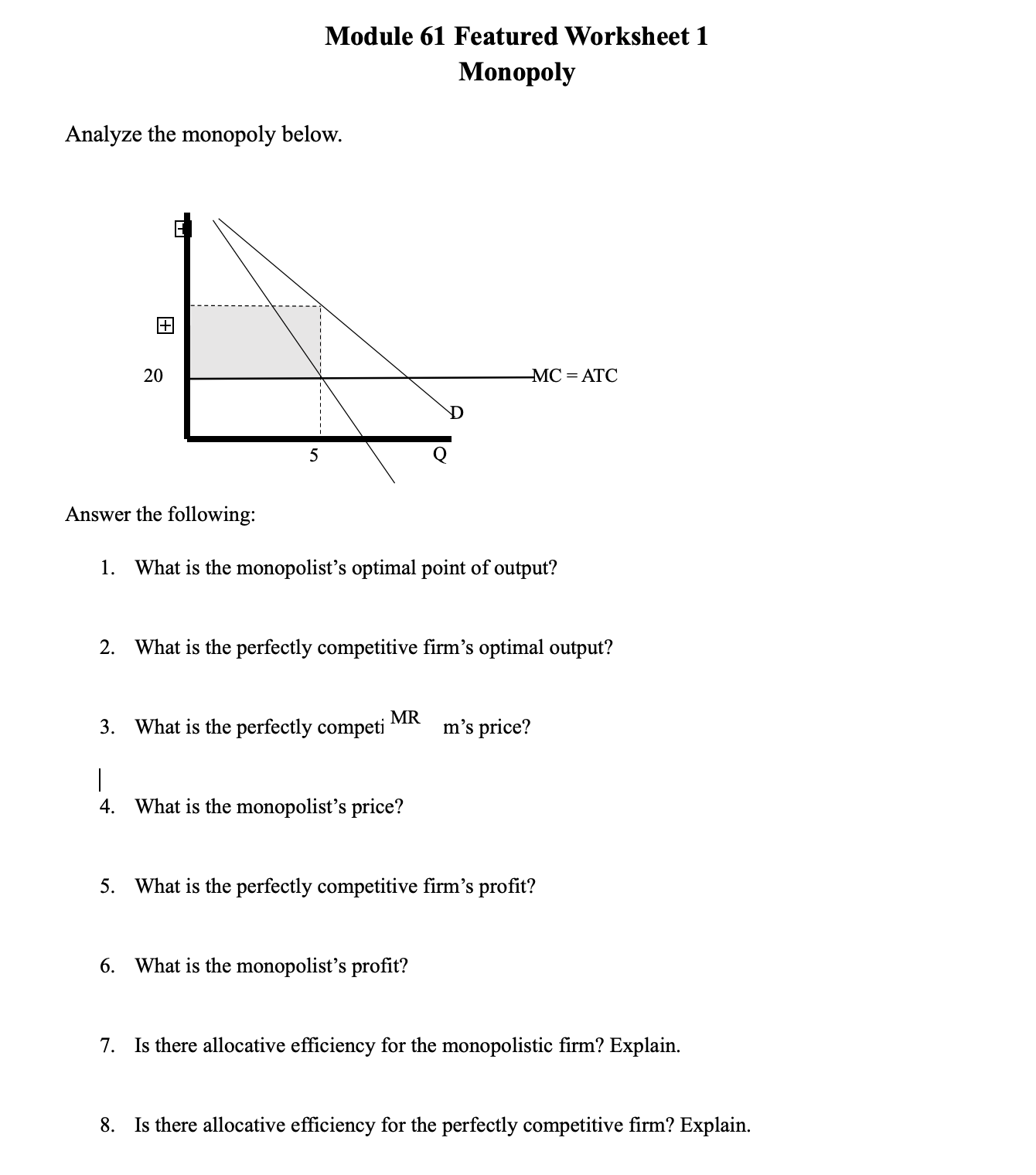 Module 61 Featured Worksheet 1 Monopoly Analyze the monopoly below. Answer