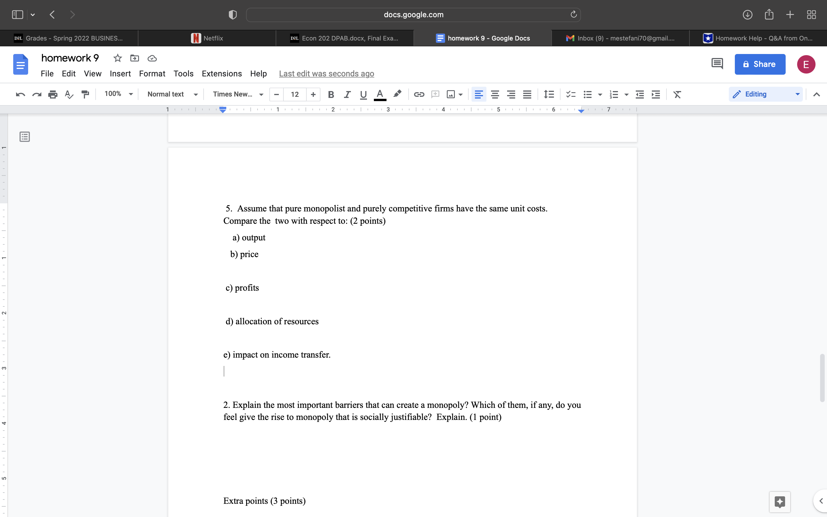 questions 5 and 2 docs.google.com + D2L Grades - Spring 2022 BUSINES...