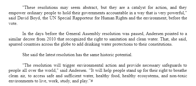 if any. The article: In historic move, UN declares healthy environment a