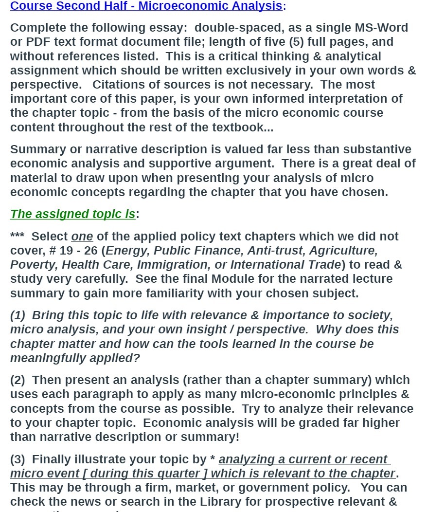 Course Second Half - Microeconomic Analysis: Complete the following essay: double-spaced,