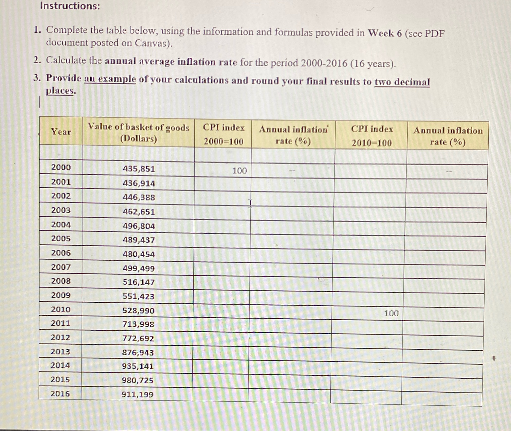 Instructions: 1. Complete the table below, using the information and formulas