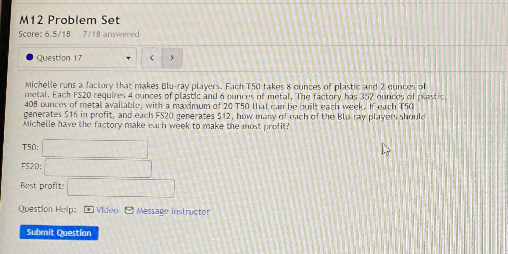 M 12 Problem Set Score: 6.5/18 7/18 answered Question 17 Michelle runs