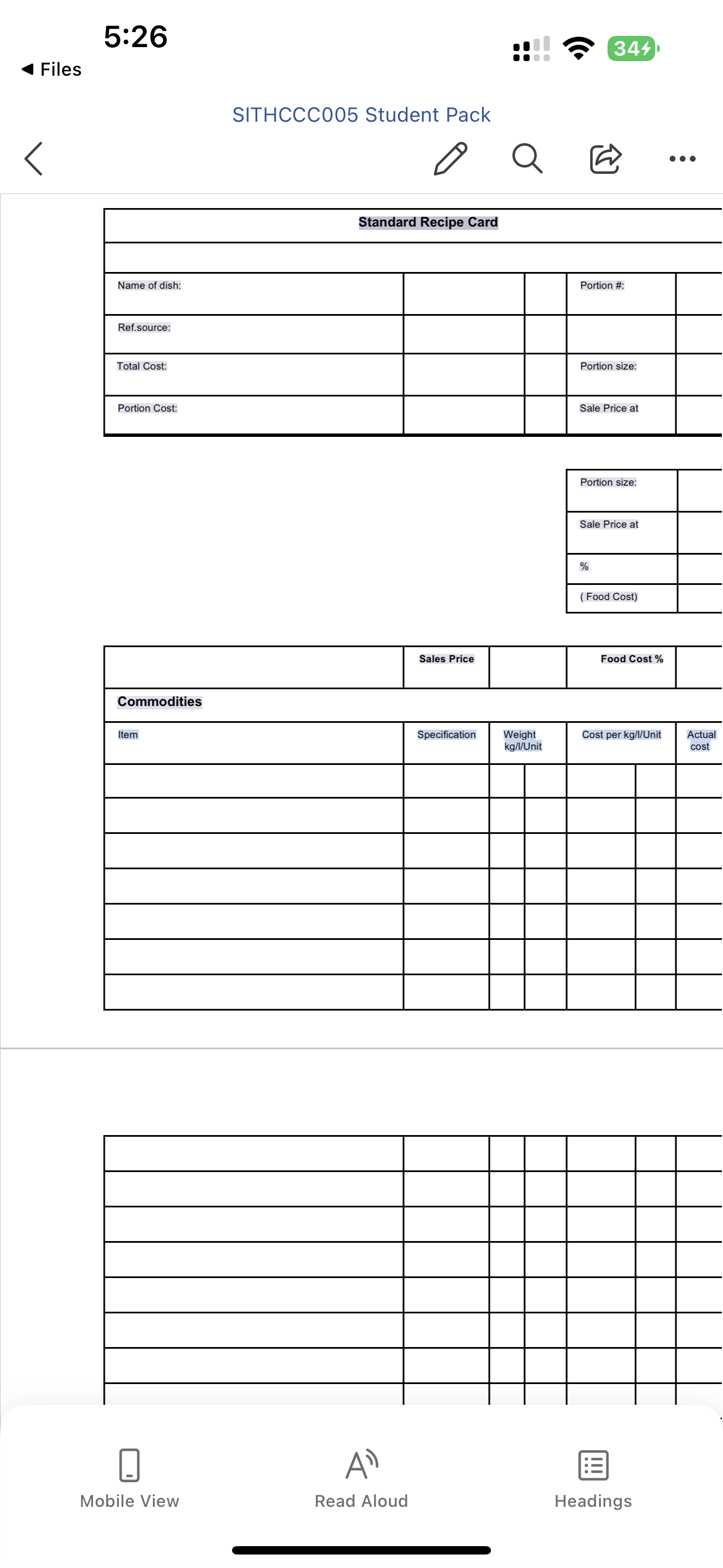  5:26 344 Files SITHCCC005 Student Pack A ... Standard Recipe Card