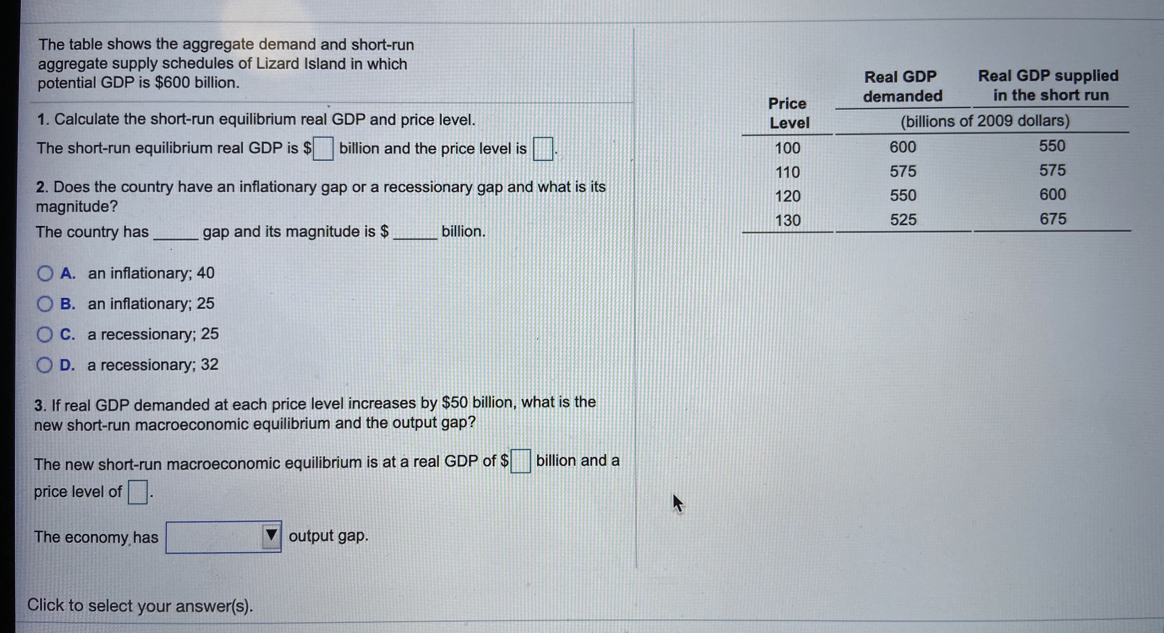 Please help with these macro questions The table shows the aggregate demand