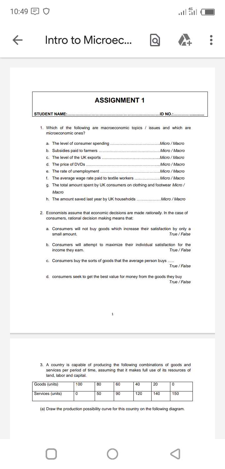  10:49 F O Intro to Microec... .. . ASSIGNMENT 1 STUDENT