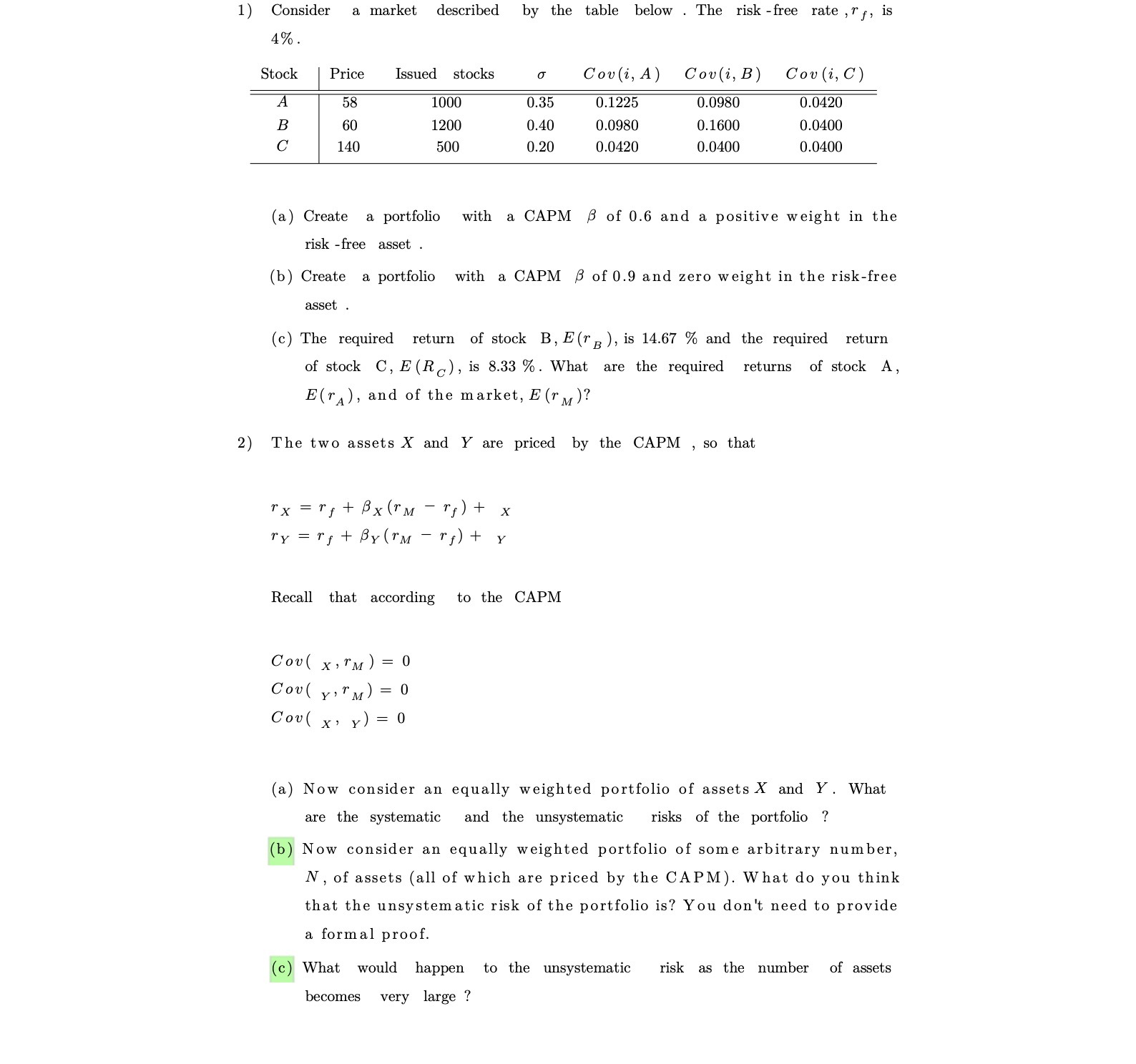 1) Consider a market described by the table below . The