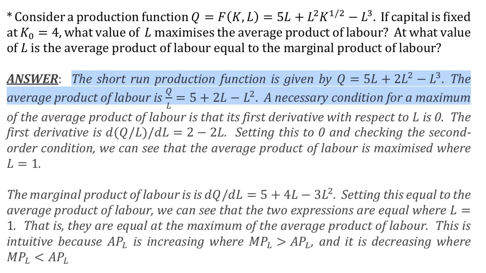 Please explain why is it the short run production function, how do