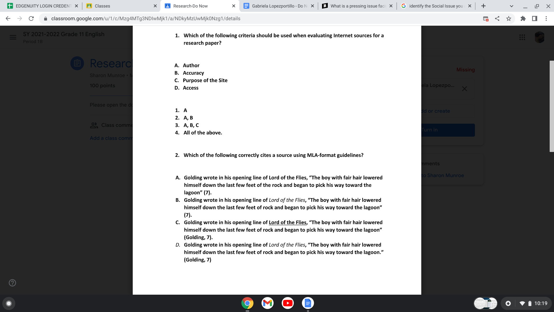 EDGENUITVLOGINCREDEN x :1 Classes x B Research-Du New x E Gabrielaanezportillo-Doh