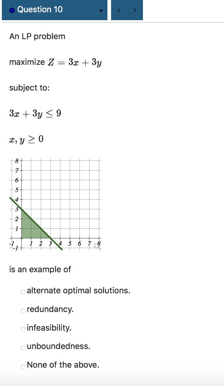 Question 10 An LP problem maximize Z = 3c + 3y subject