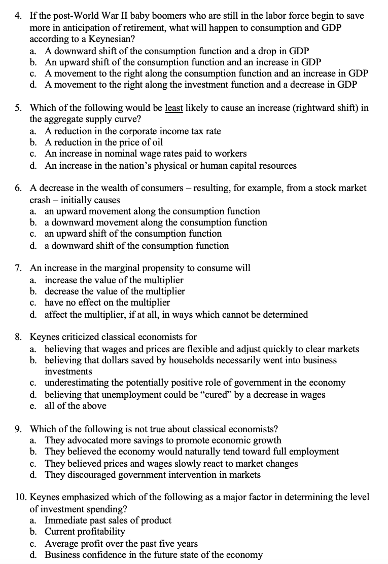 exhibit showing data for an economy operating under the assumptions of the