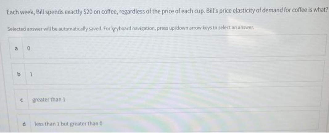please give correct answer Each week, Bill spends exactly $20 on coffee,