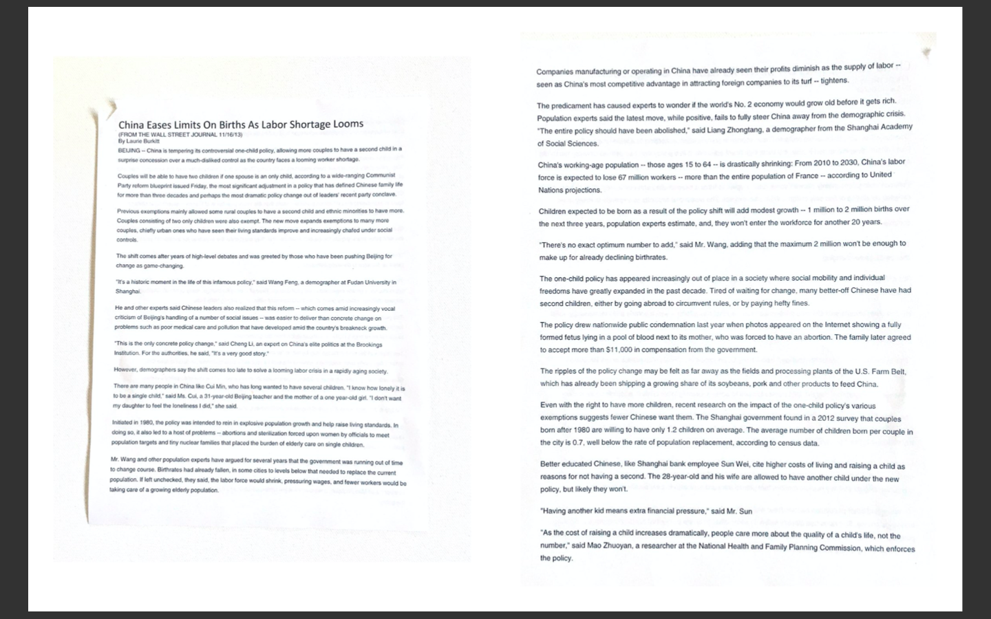 With specific reference to the article "China Eases Limits on Births as