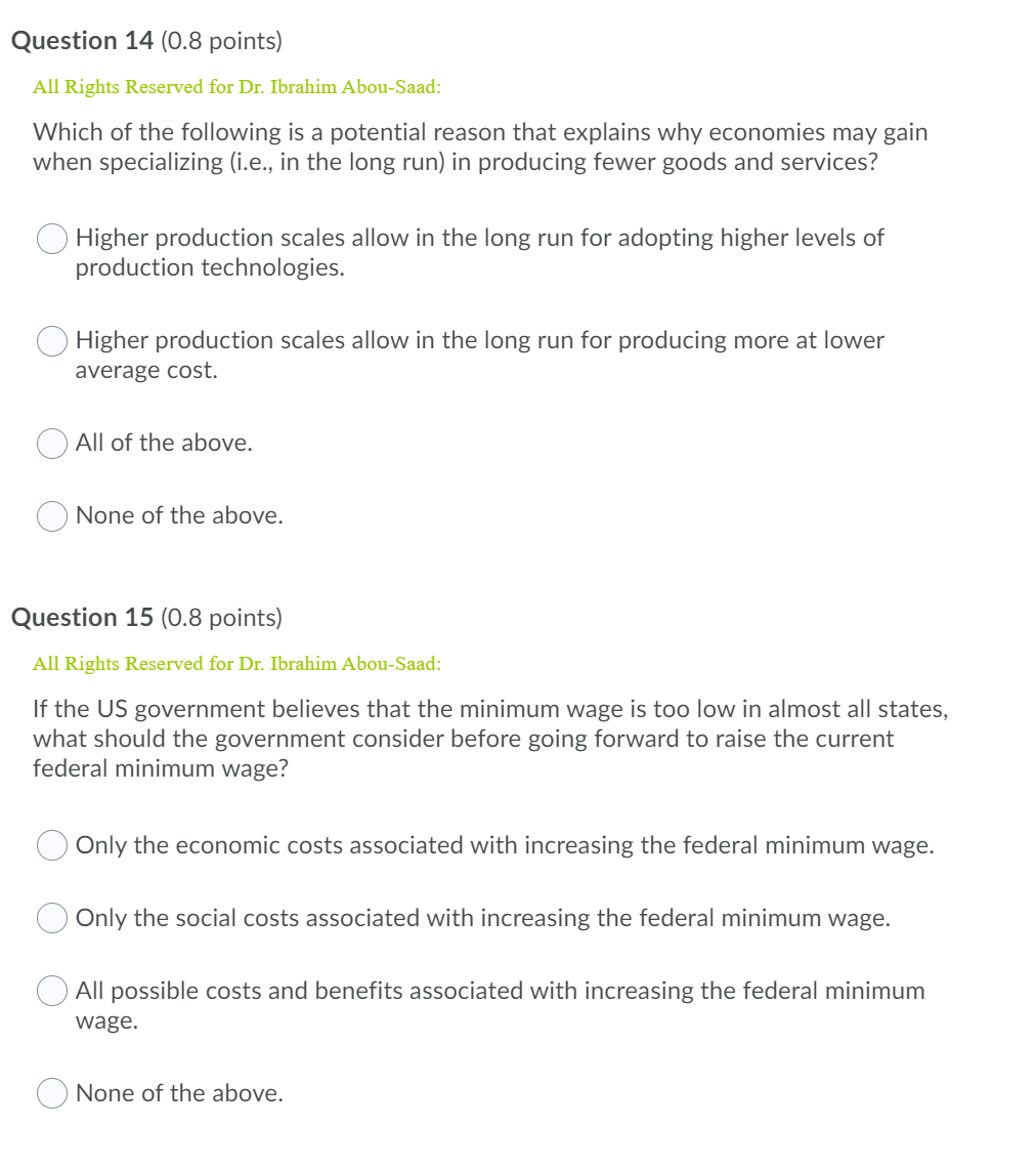  Question 14 (0.8 points} All Rights Reserved for Dr. Ibrahim AbouSaad: