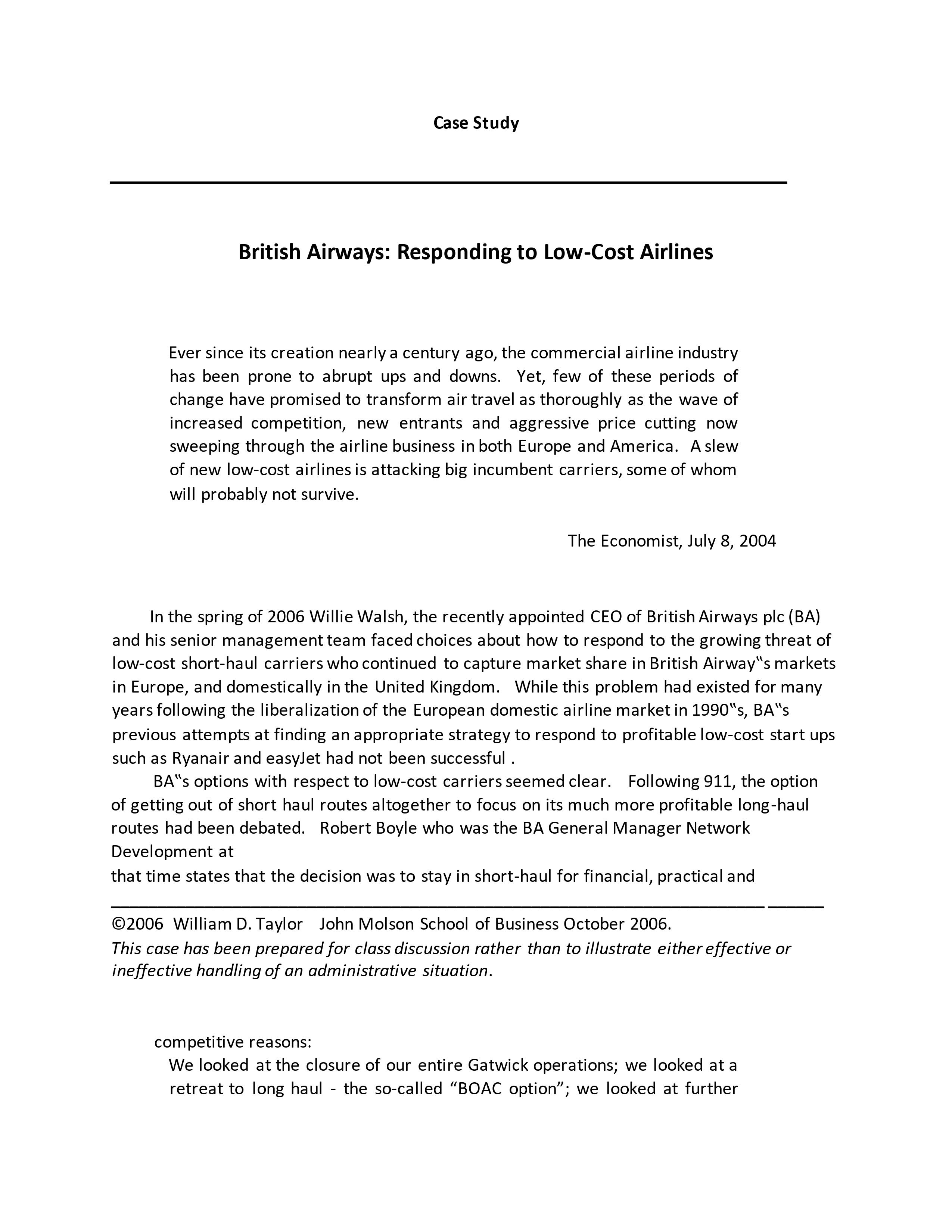  Case Study British Airways: Responding to Low-Cost Airlines Ever since its