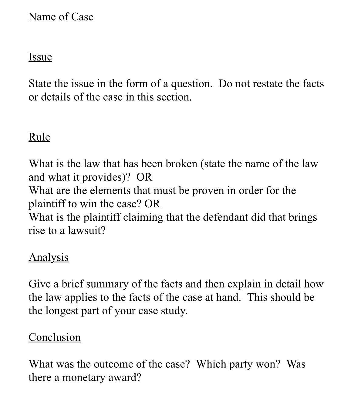 Please help me put the following information into the type of format