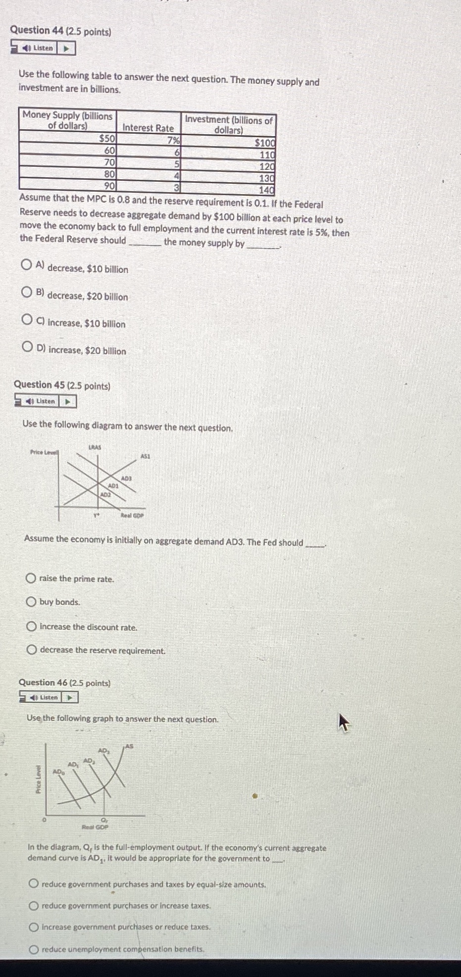 Question 44 (2.5 points) ) Listen Use the following table to