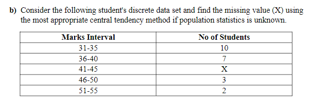  b) Consider the following student's discrete data set and find the