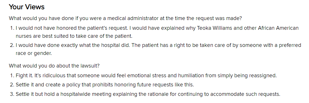 LEGAL/ETHICAL CHALLENGE Should Patient Requests Trump Health Care Employees' Civil Rights? This