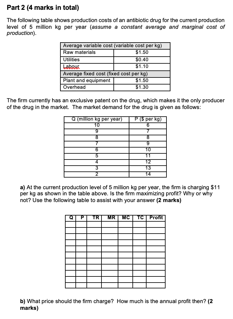 Part 2 (4 marks in total) The following table shows production